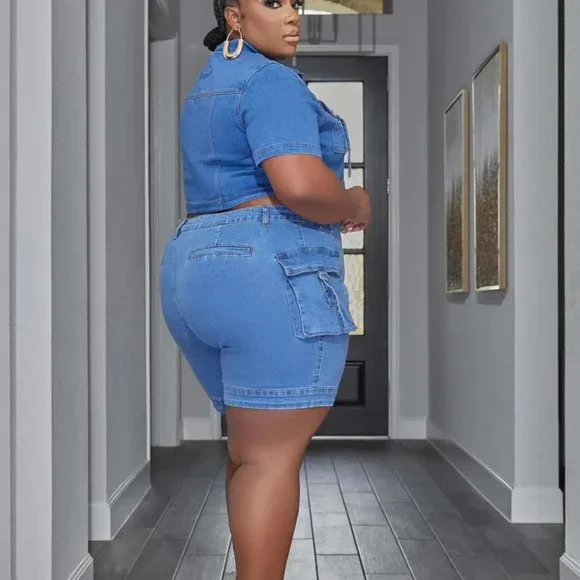 Casual Pocket Stretch Denim Plus Size Short Sleeve Crop Top Shorts Two-Piece - Picture 3 of 15